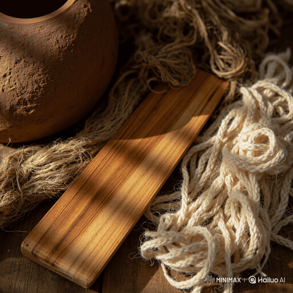 Collection of natural materials including clay, wood, and fibers